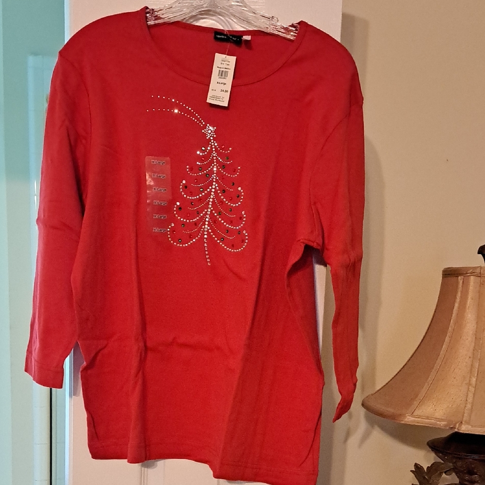 Red Long Sleeve Top with Rhinestone Design